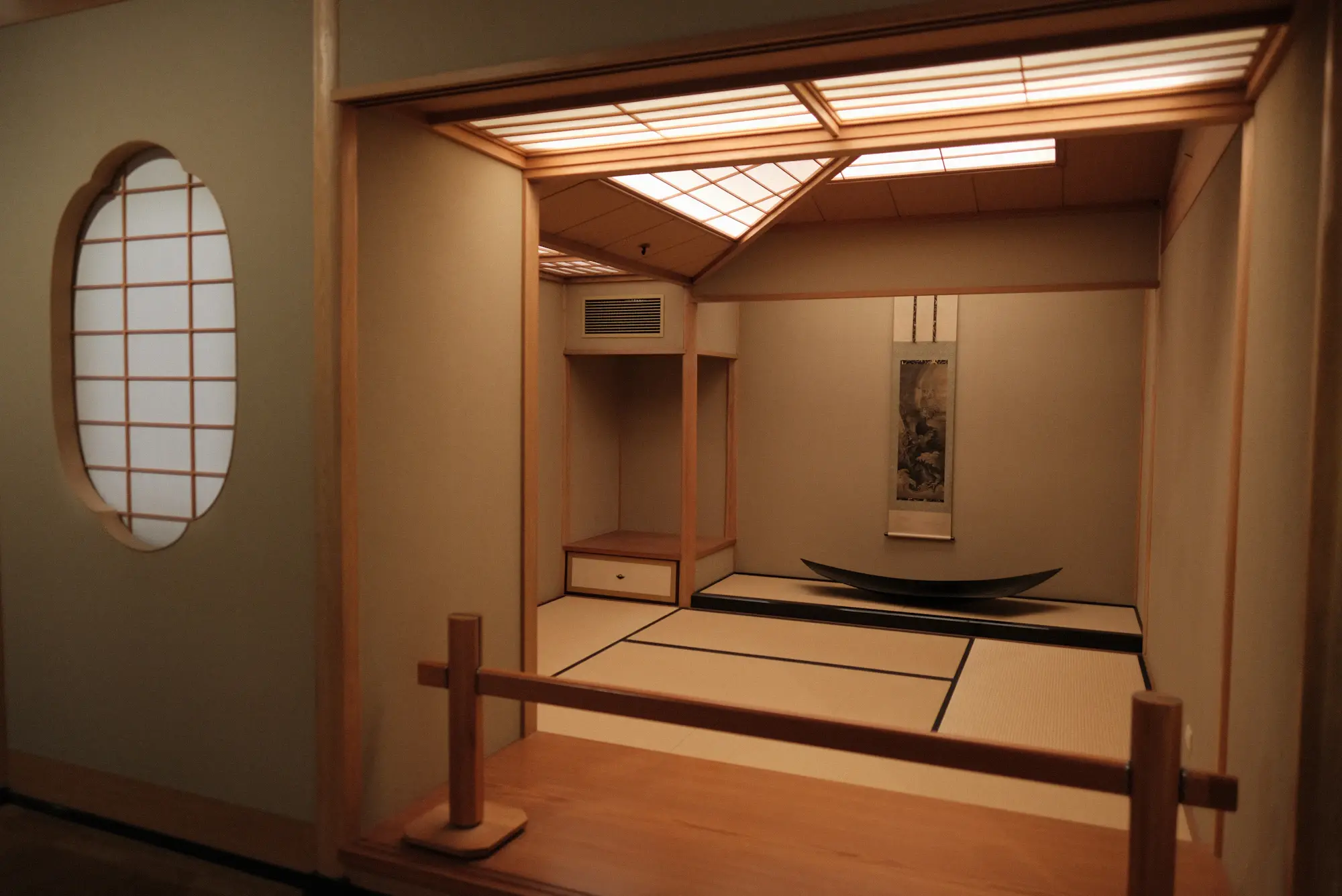 A traditional Japanese tatami room in warm light